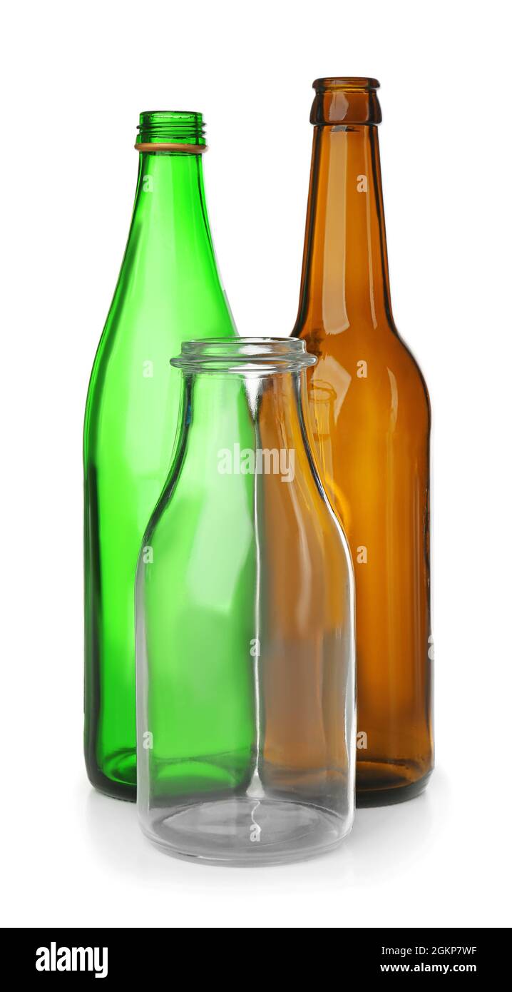 Empty glass bottles on white background Stock Photo Alamy