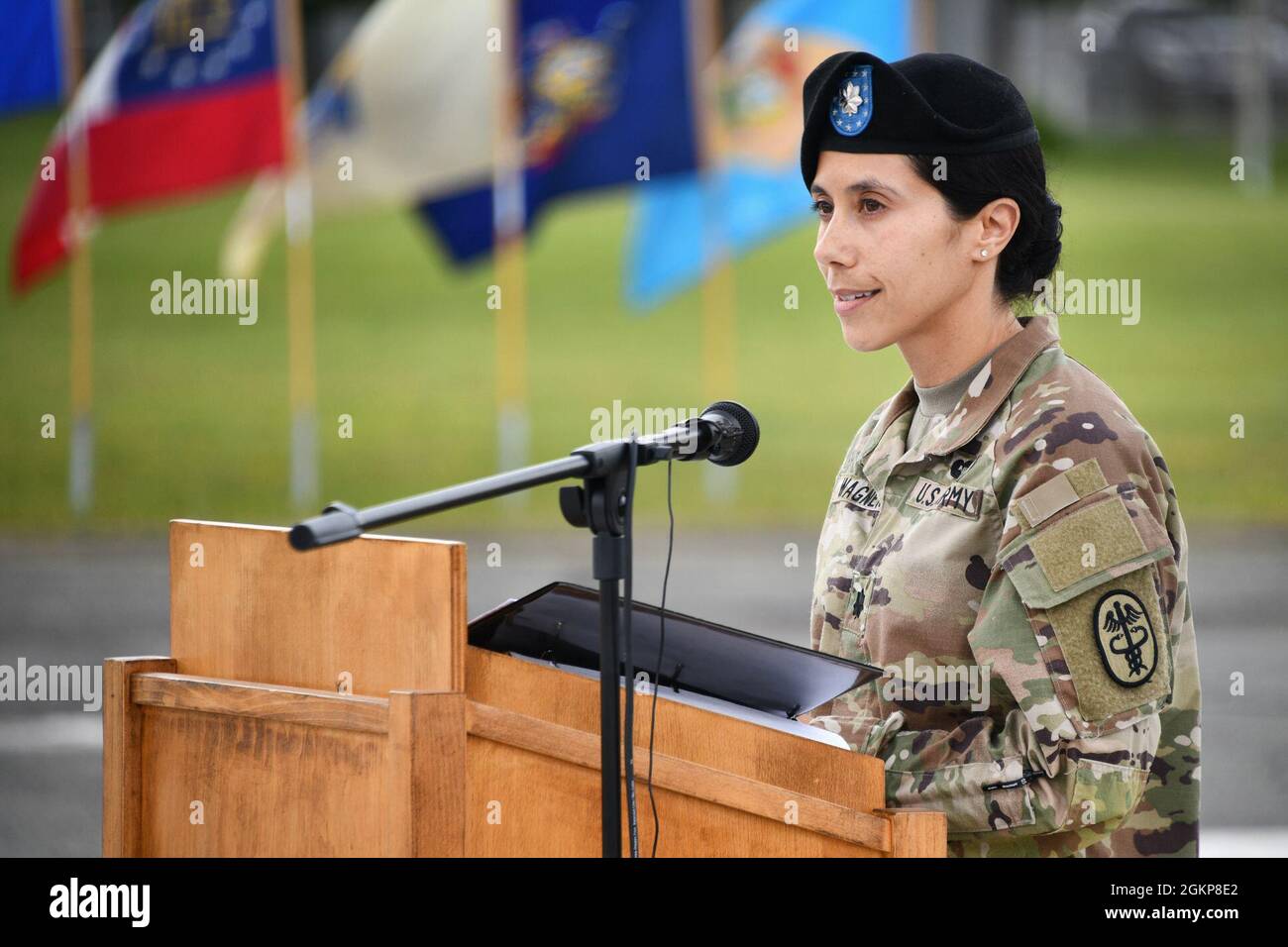 The U.S. Army Health Clinic Grafenwoehr incoming commander U.S. Army Lt. Col. Crista Wagner addresses the audience in attendance during the USAHC Grafenwoehr Change of Command Ceremony at Tower Barracks, Grafenwoehr, Germany, June 11, 2021. Stock Photo
