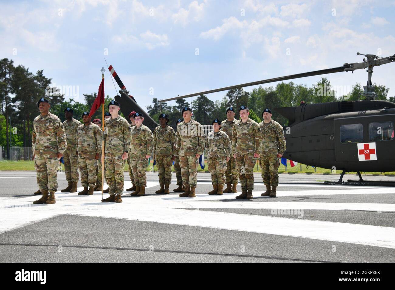 Members of U.S. Army Health Clinic Grafenwoehr await the start of the change of command ceremony as Lt. Col. Crista Wagner assumes command of the USAHC Grafenwoehr from Lt. Col. Avery J. Carney at Tower Barracks, Grafenwoehr, Germany, June 11, 2021,. Stock Photo