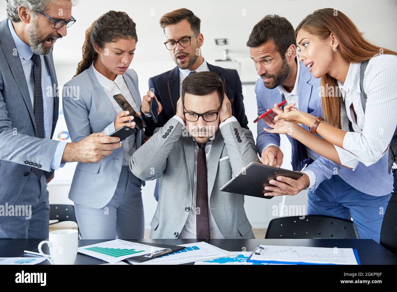 businessman stress overwhelmed work problem Stock Photo