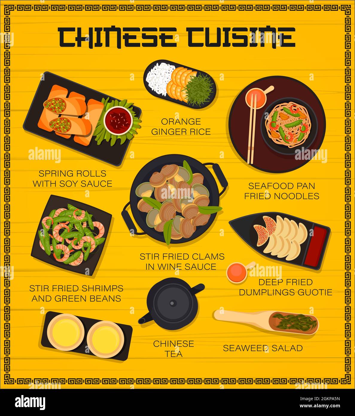 Chinese cuisine restaurant meals menu. Chinese tea, stir fried clams in