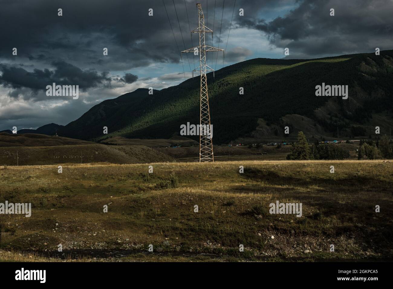 Power line in the mountains of the Altai Republic Stock Photo - Alamy