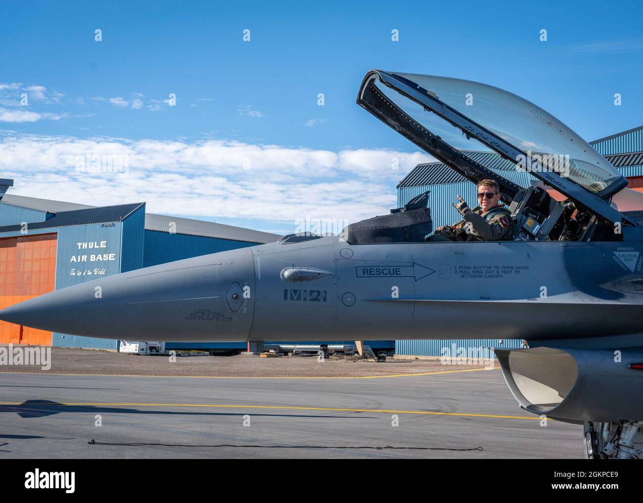 U.S. Air Force Col. Couchman, pilot with the 120th Fighter Squadron, arrives at Thule Air Base, Greenland June 11, 2021 . Exercise Amalgam Dart will run from June 10-19, 2021, with operations ranging across the Arctic from the Beaufort Sea to Thule, Greenland. Amalgam Dart 21-01 provides NORAD the opportunity to hone continental defense skills as Canadian and U.S. forces operate together in the Arctic. A bi-national Canadian and Ameican command, NORAD employs a network of space-based aerial and ground-based sensors, air-to-air refueling tankers, and fighter aircraft, controlled by a sophistica Stock Photo