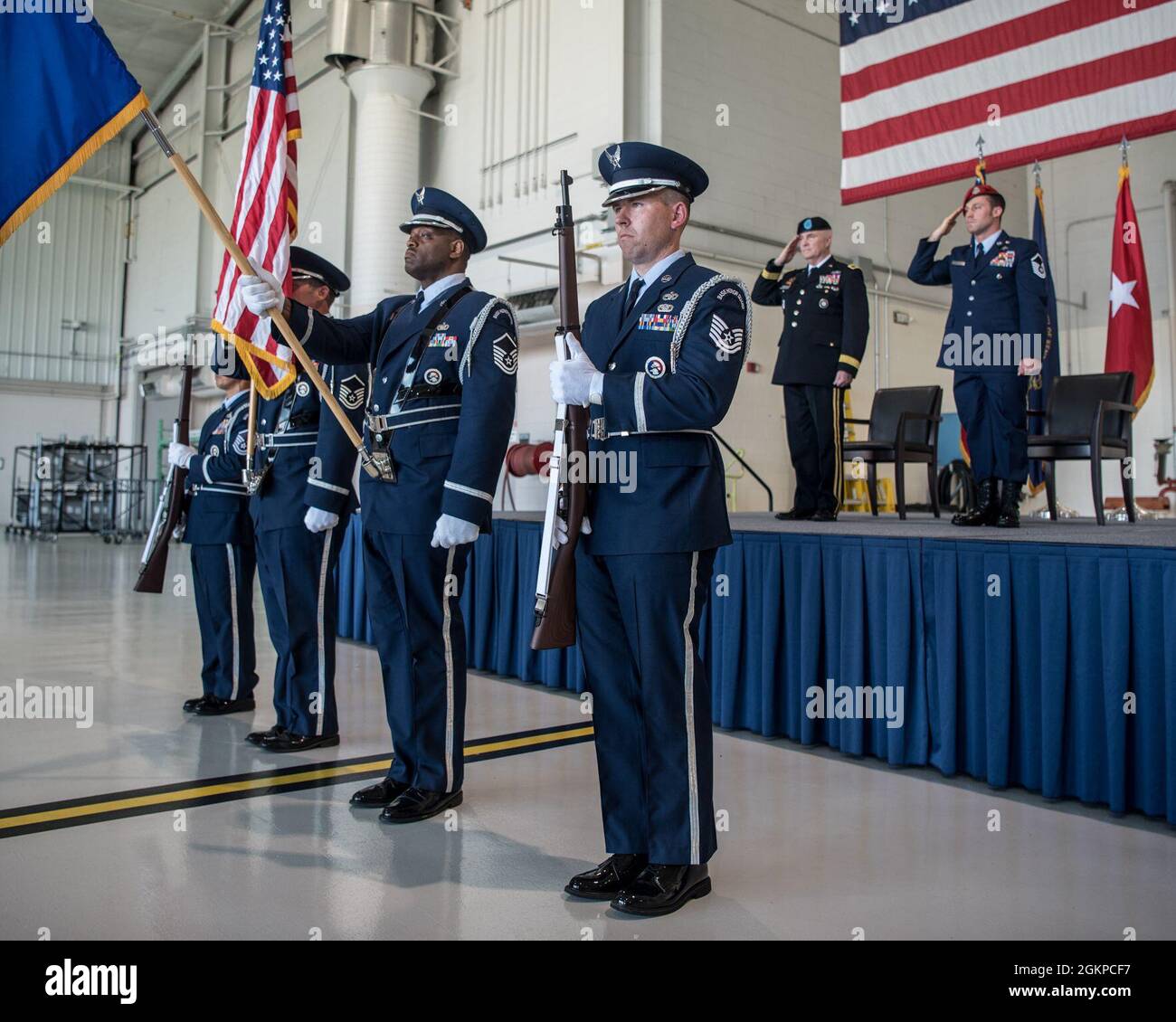The 123rd Airlift Wing Honor Guard presents the colors during a ceremony at the Kentucky Air National Guard Base in Louisville, Ky., June 12, 2021, to bestow the Airman’s Medal to Master Sgt. Daniel Keller, a combat controller in the 123rd Special Tactics Squadron. Keller earned the award for heroism in recognition of his actions to save human life following a traffic accident near Louisville in 2018. Stock Photo