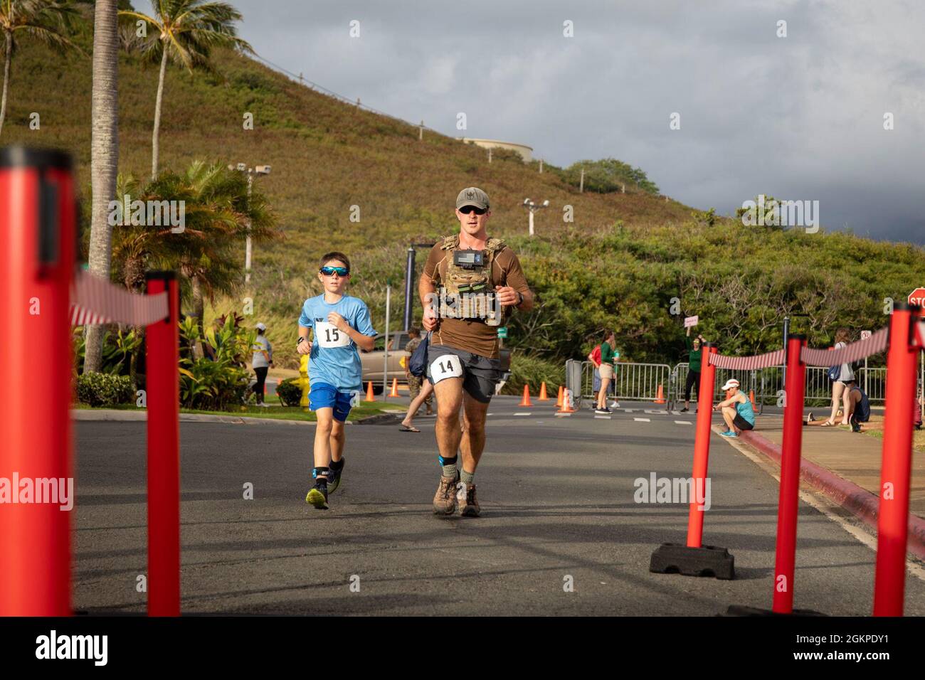 A U.S. Air Force Lt. Col. and his son, finish in third place during the