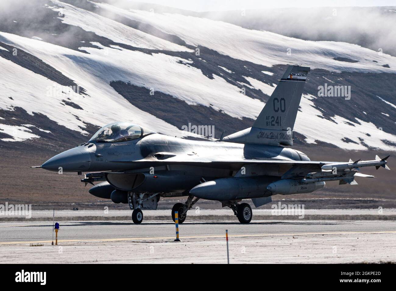 A United States Air Force F16 Fighting Falcon fighter jet taxies to