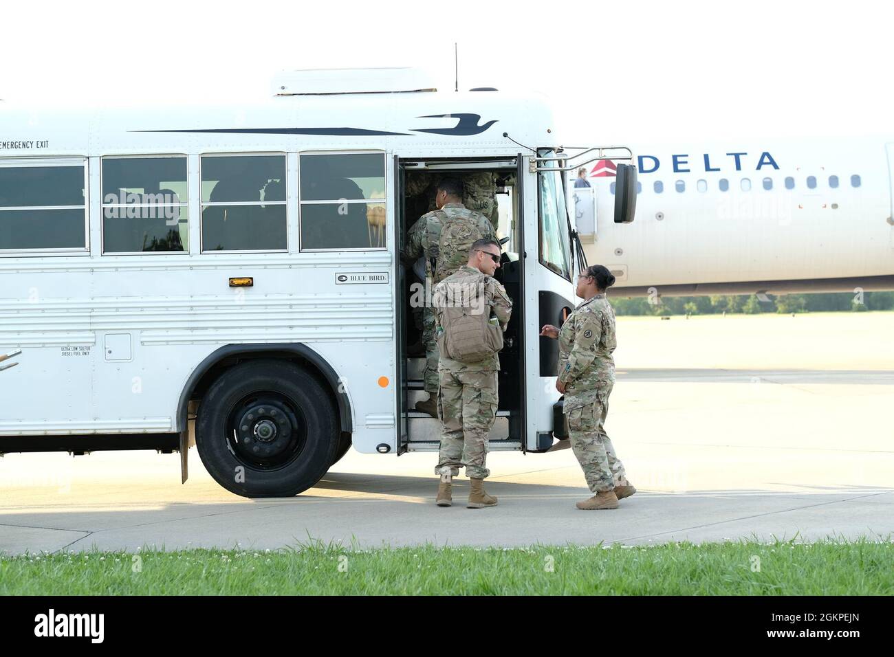Maj. Christopher Fields, Commander, 690th Rapid Port Opening Element, 832nd Transportation Bn., 597th Transportation Bde. boards a bus at Joint Base Langley-Eustis, Va. June 13. The unit was returning to their headquarters building after completing Turbo Distribution 21-3. Stock Photo