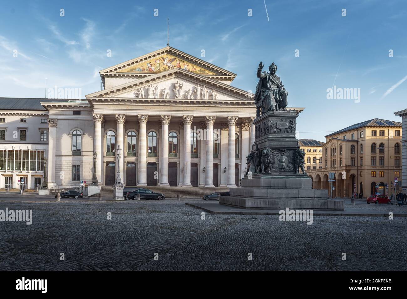 Max-Joseph-Platz with Bavarian State Opera and  King Maximilian Joseph Statue - Munich, Bavaria, Germany Stock Photo