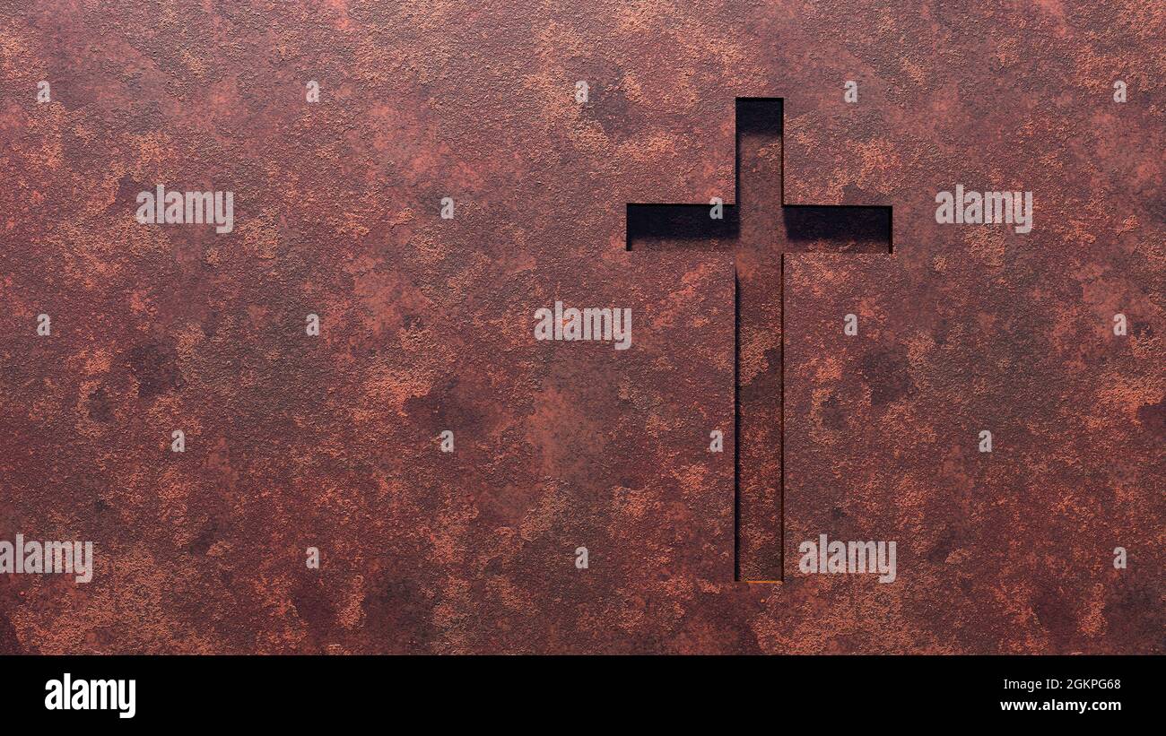 Concept or conceptual cross on a  rusted corroded metal or steel sheet backround. 3d illustration metaphor for God, Christ, Christianity, religious, f Stock Photo