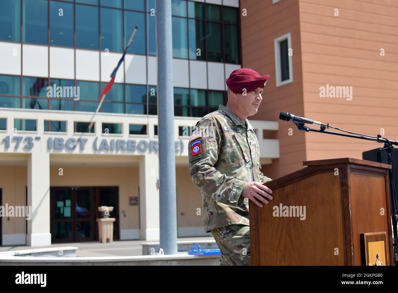 U.S. Army Lt. Col. Nathan A. Strohm, outgoing commander, 173rd Brigade Support Battalion, 173rd Airborne Brigade, gives a speech during change of command ceremony under Covid-19 prevention condition at Caserma Del Din, Vicenza, Italy June 14, 2021. The 173rd Airborne Brigade is the U.S. Army Contingency Response Force in Europe, capable of projecting ready forces anywhere in the U.S. European, Africa or Central Commands' areas of responsibility. Stock Photo
