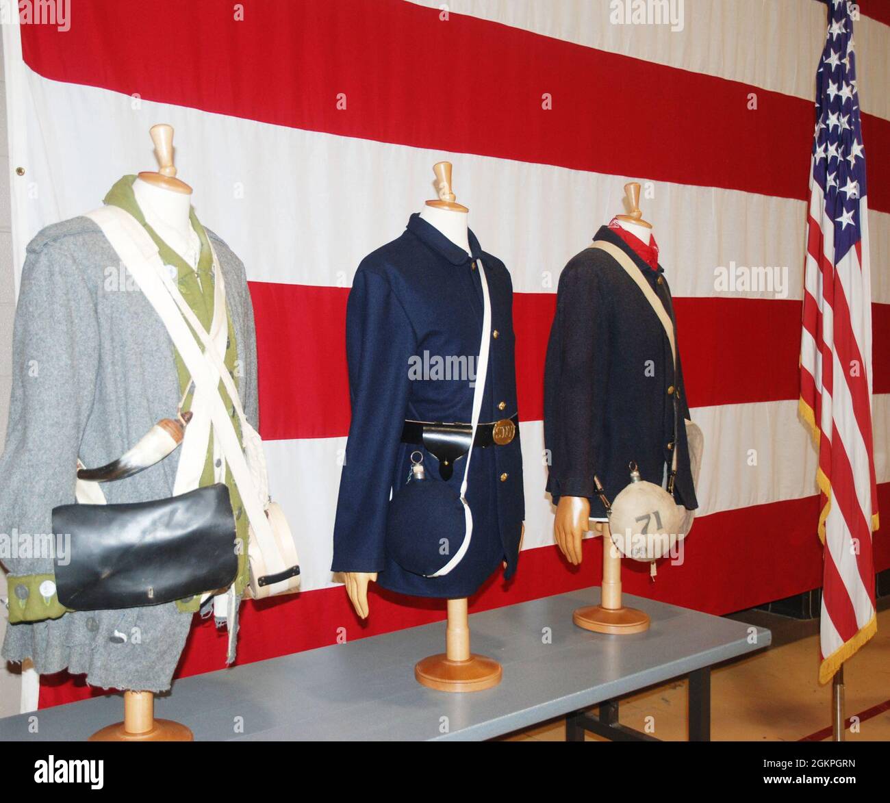 A collection of historic uniforms worn by the New York Army National Guard during the American Revolution, the Civil War and the Spanish American War posed to celebrate the 246th birthday of the United States Army on June 14, 2021, during a ceremony held at New York Army National Guard headquarters in Latham, New York. ( Stock Photo