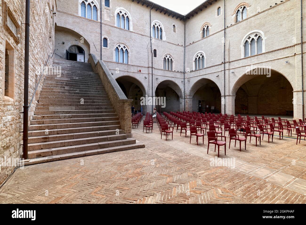 Foligno Umbria Italy. Trinci Palace (Palazzo Trinci). The inner courtyard and gothic staircase. Stock Photo