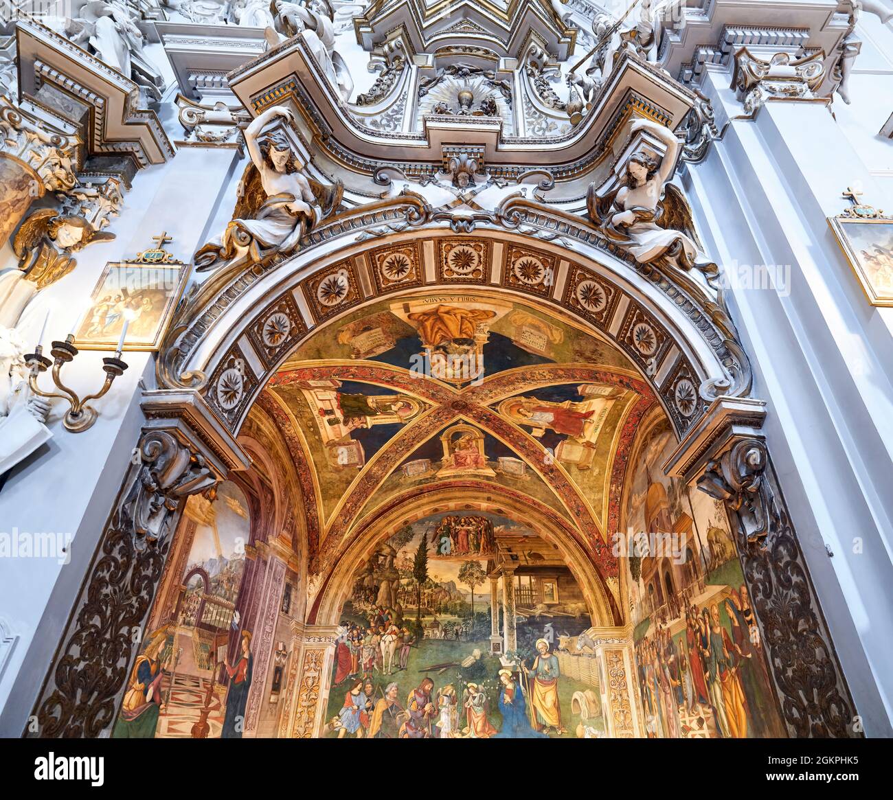 Spello Umbria Italy. Baglioni Chapel frescoed by Pinturicchio, in Santa Maria Maggiore Church Stock Photo