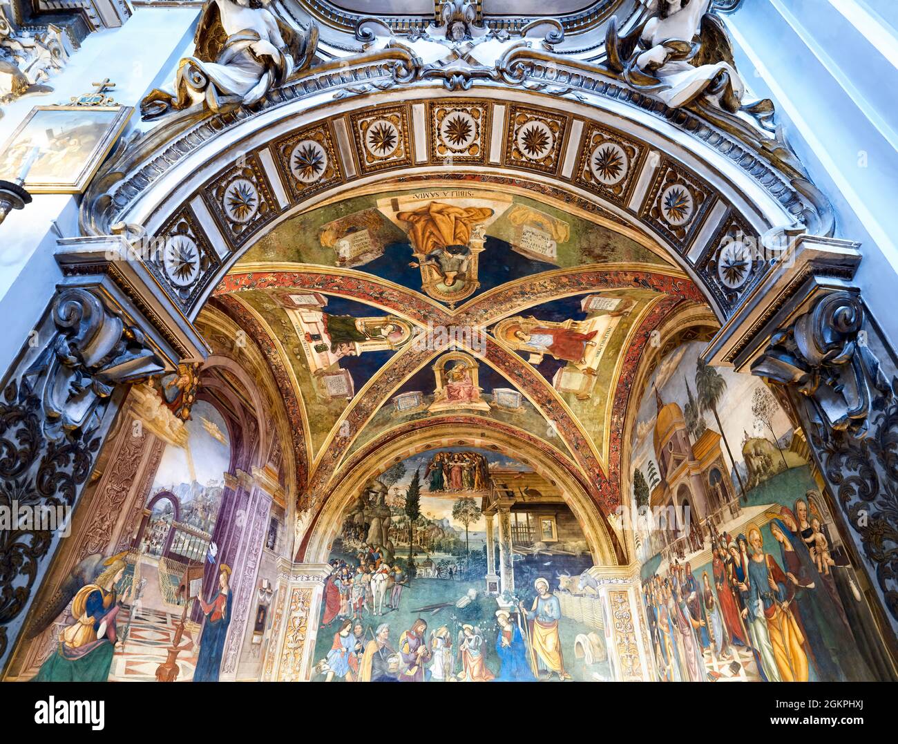 Spello Umbria Italy. Baglioni Chapel frescoed by Pinturicchio, in Santa Maria Maggiore Church Stock Photo