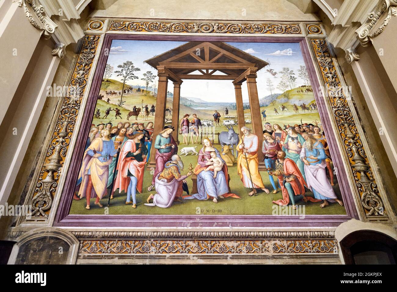 Città della Pieve Umbria Italy. Santa Maria dei Bianchi church. Adoration of the Magi fresco by Perugino Stock Photo