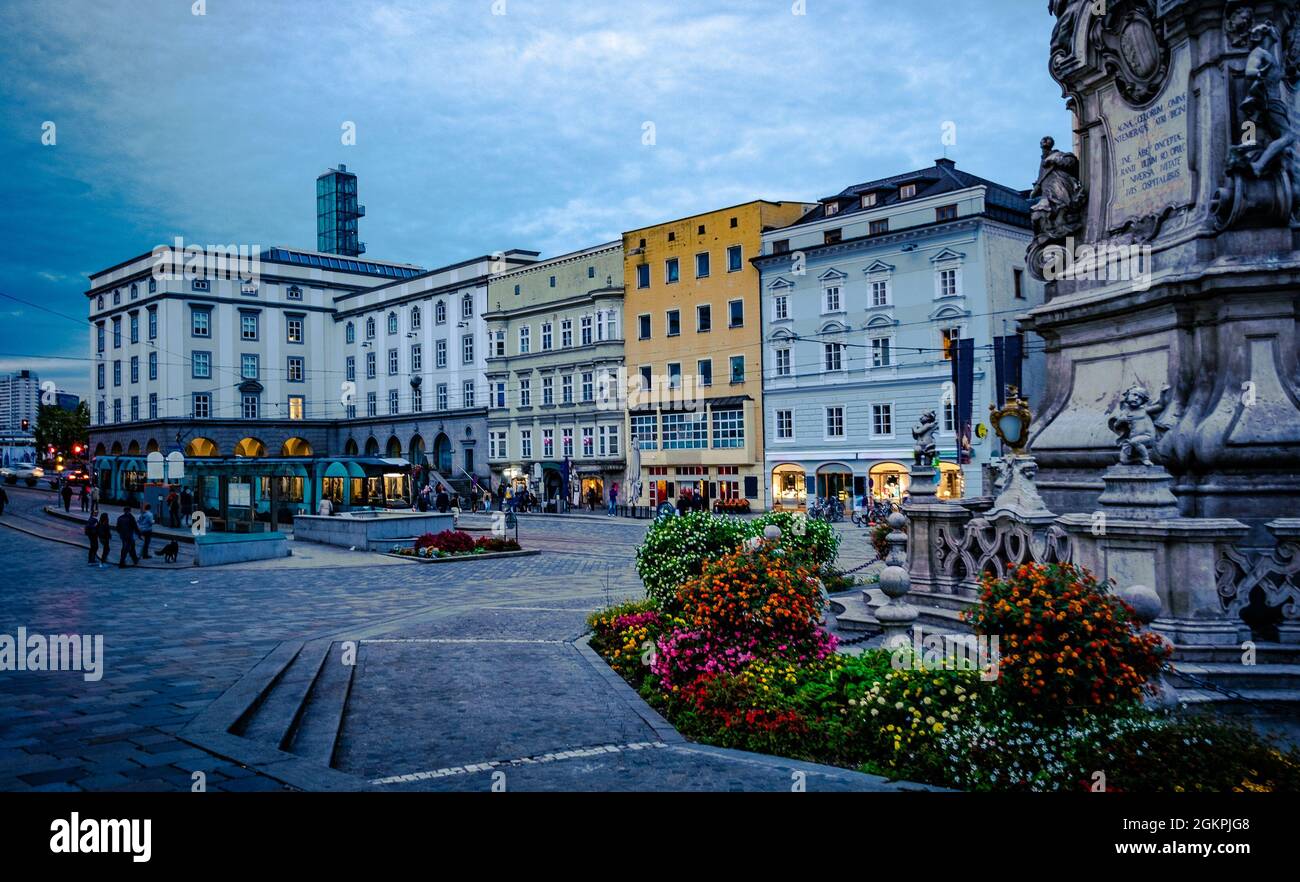 Architecture and flowerbed at the central square in Linz,Austria Stock ...
