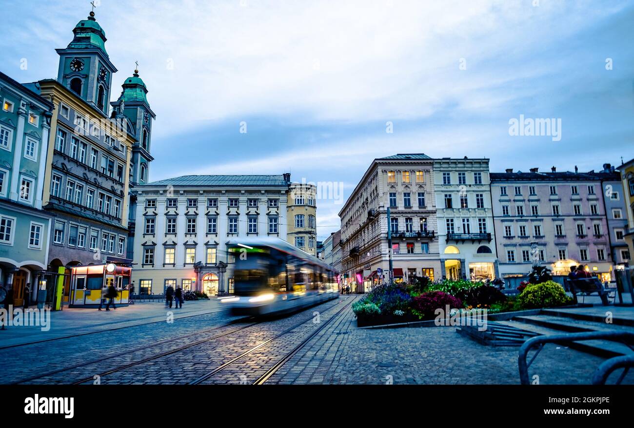 Tramway with architecture around in center of Linz, Austria Stock Photo