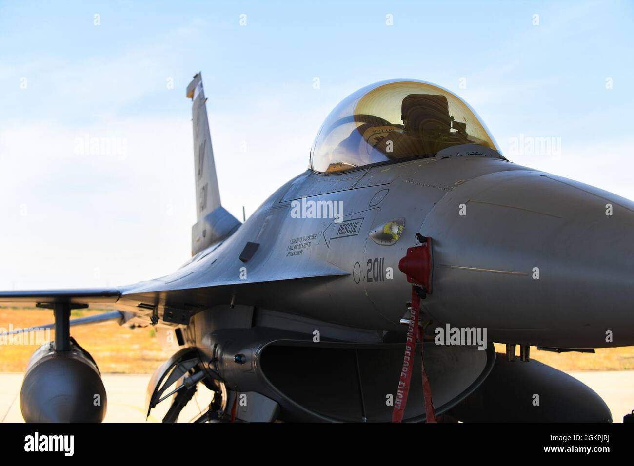 A U.S. Air Force F-16 Fighting Falcon sits at Ben Guerir Air Base, Morocco,  14 June, 2021 after arriving for Exercise African Lion 2021. African Lion  demonstrates our long-term commitment to improve