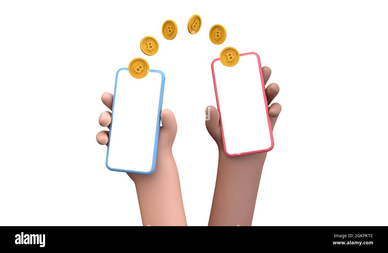 Bitcoin online cryptocurrency trading and payment concept. Person holding a smartphone with blank screen with bitcoin coins. 3D Rendering Stock Photo