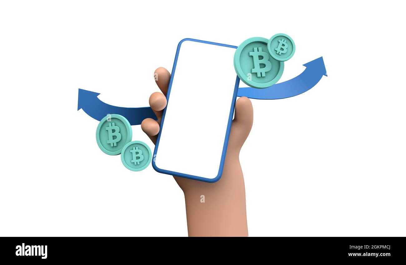 Bitcoin online cryptocurrency trading and payment concept. Person holding a  smartphone with blank screen with bitcoin coins. 3D Rendering Stock Photo -  Alamy