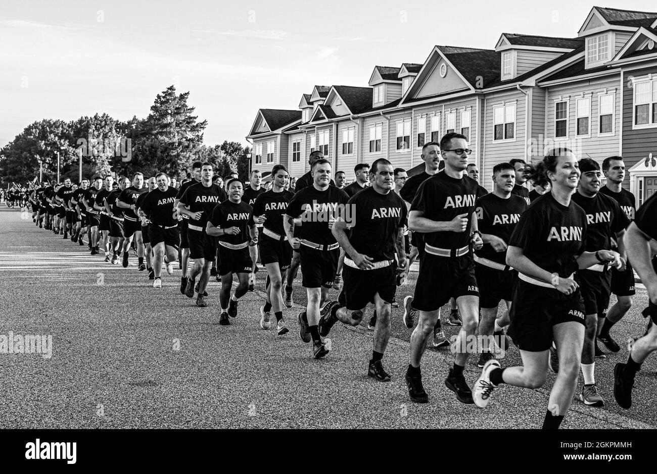 U.S. Soldiers run in formation honoring the birthday of the Army at Joint Base Langley-Eustis, Virginia, June 14, 2021. Brigades across the installation took part in the 5K. Stock Photo