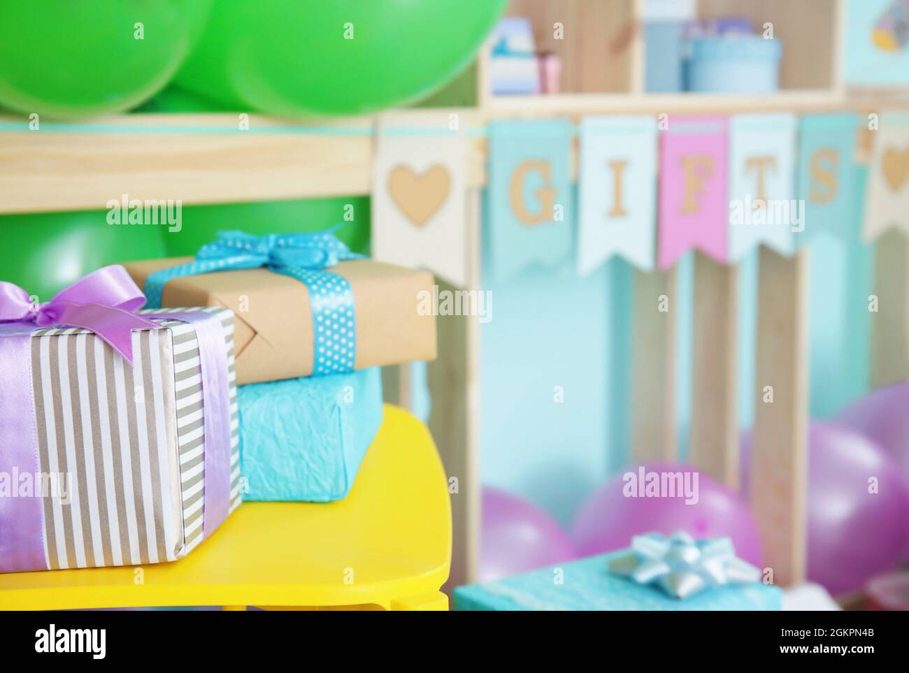 Gifts at baby shower party indoors Stock Photo Alamy
