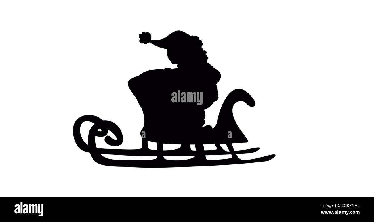 Digital image of black silhouette of santa claus in sleigh against ...