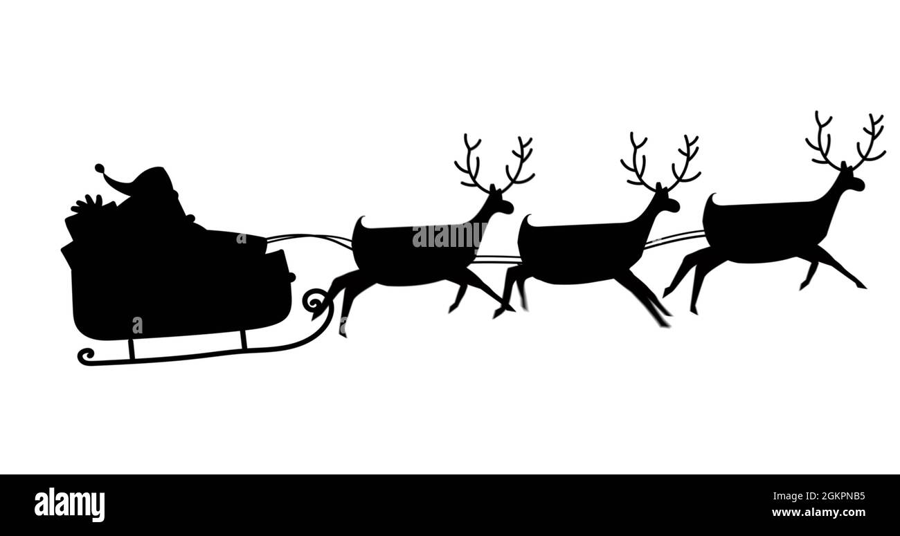 Digital image of black silhouette of santa claus in sleigh being pulled ...