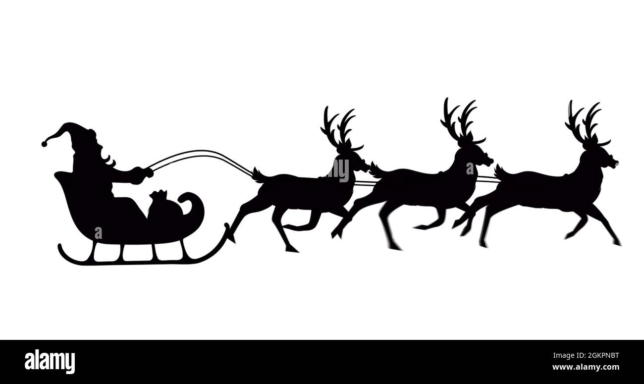 Digital image of black silhouette of santa claus in sleigh being pulled ...