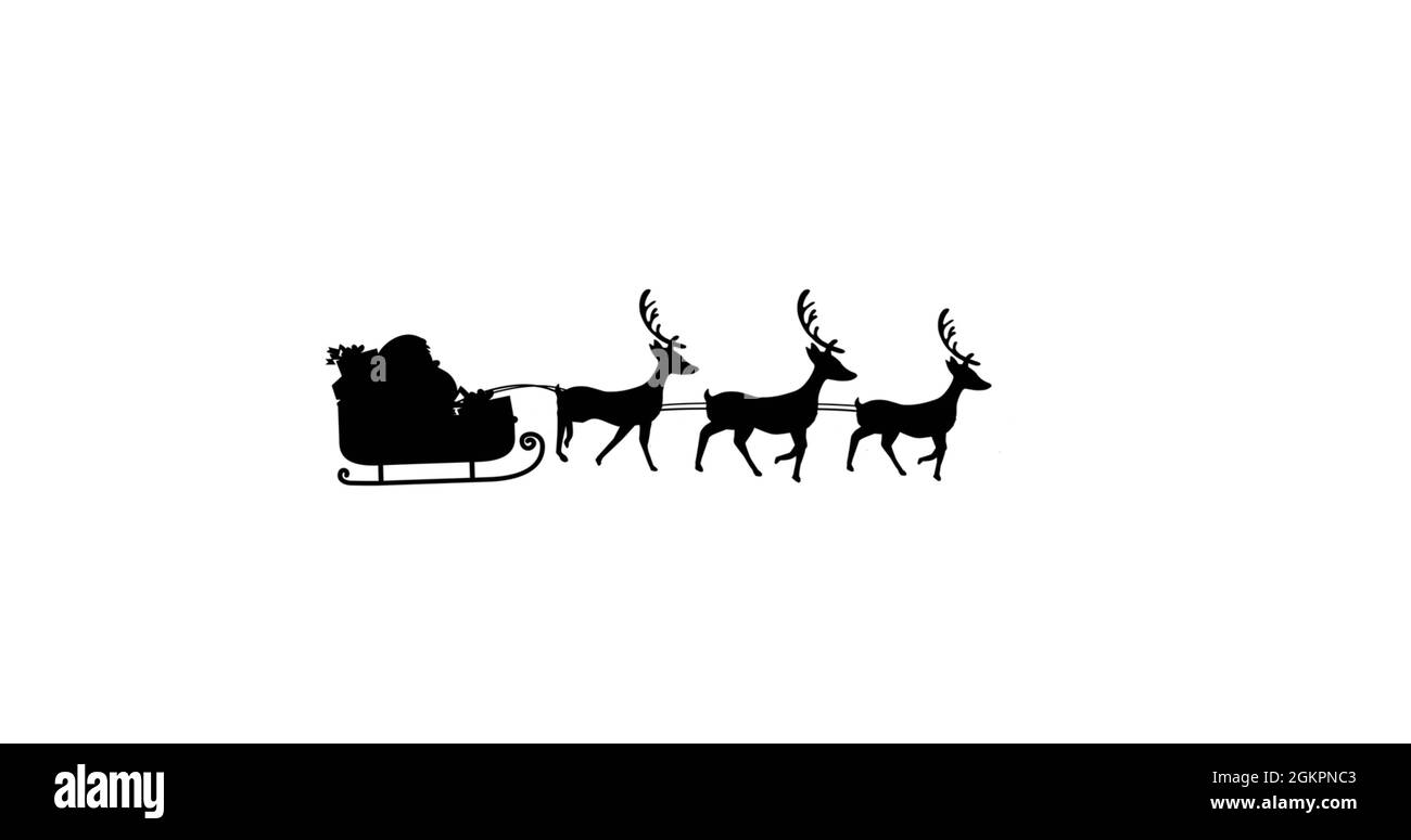 Digital image of black silhouette of santa claus in sleigh being pulled ...