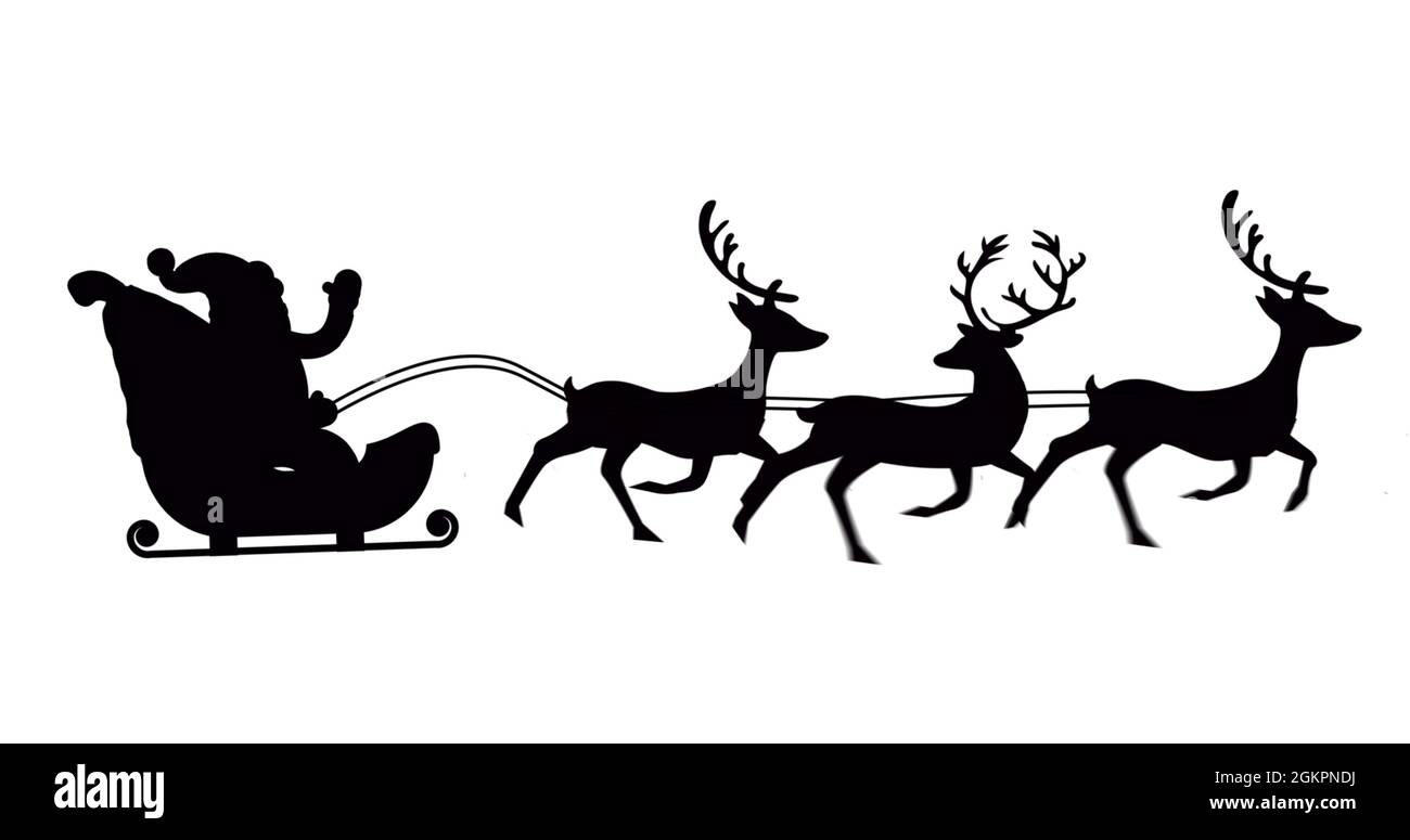 Digital image of black silhouette of santa claus in sleigh being pulled ...