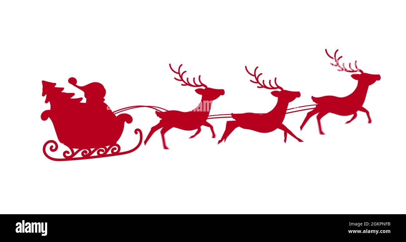 Digital image of red silhouette of santa claus in sleigh being pulled ...