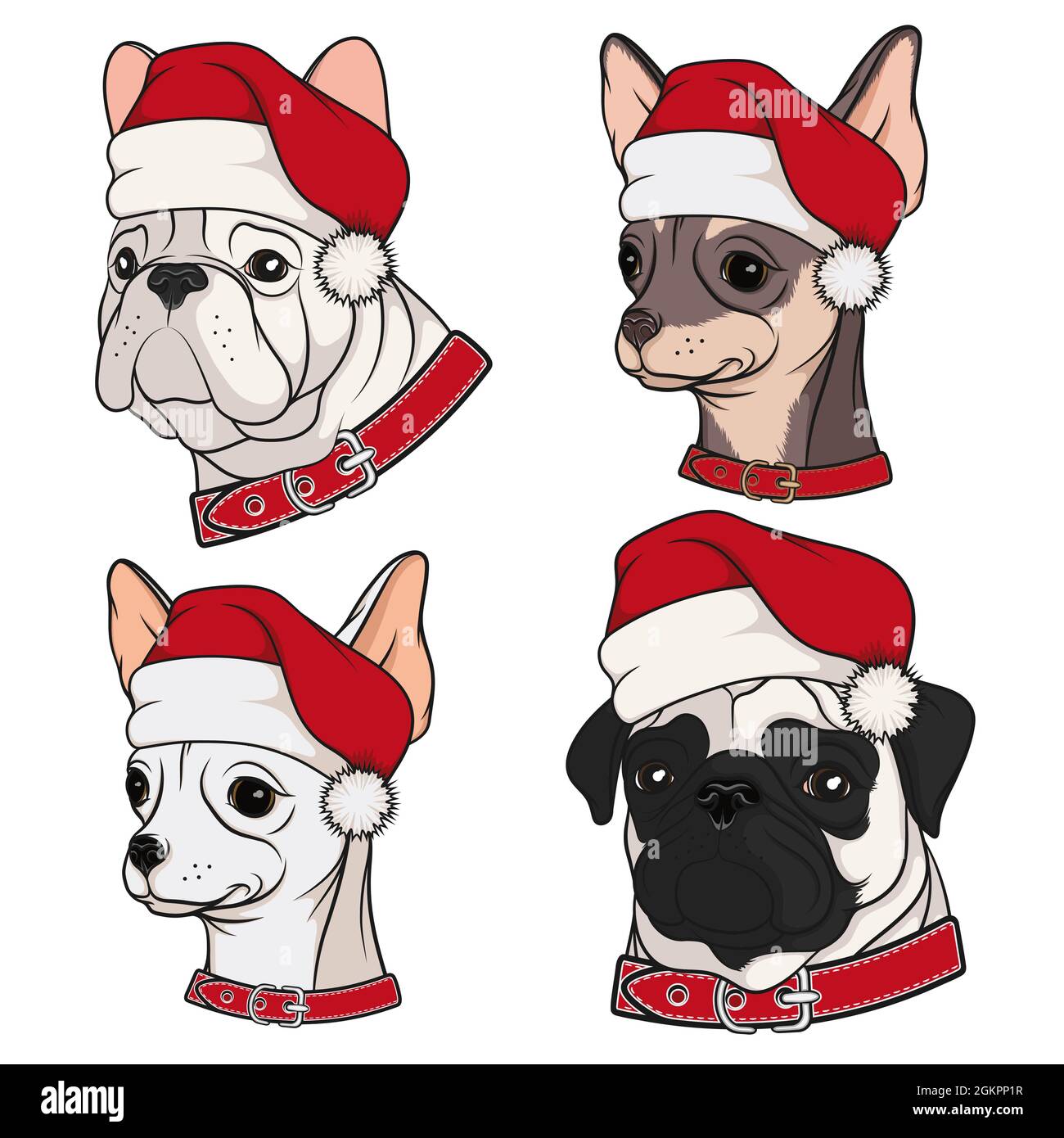 Set of illustrations with cute dogs in Christmas hats. Isolated vector ...