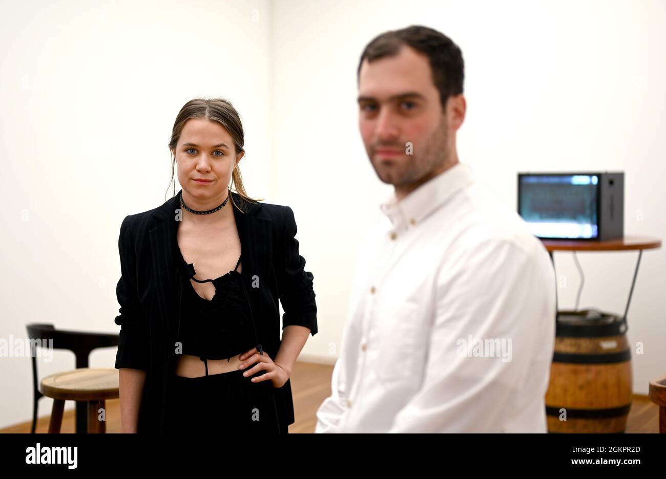 Berlin, Germany. 15th Sep, 2021. Artist Calla Henkel and artist Max  Pitegoff stand in front of one of the works in their exhibition during the  press tour of the shortlist exhibition "Preis
