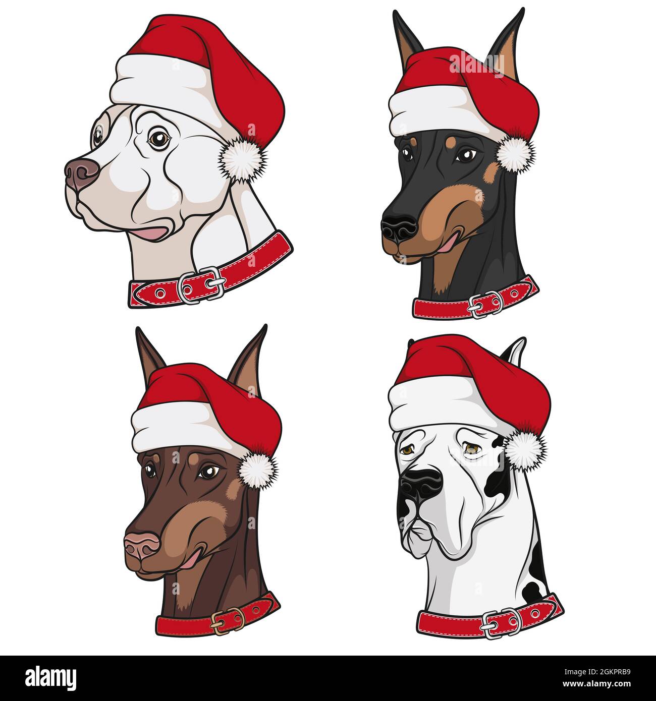 Set of illustrations with cute dogs in Christmas hats. Isolated vector ...