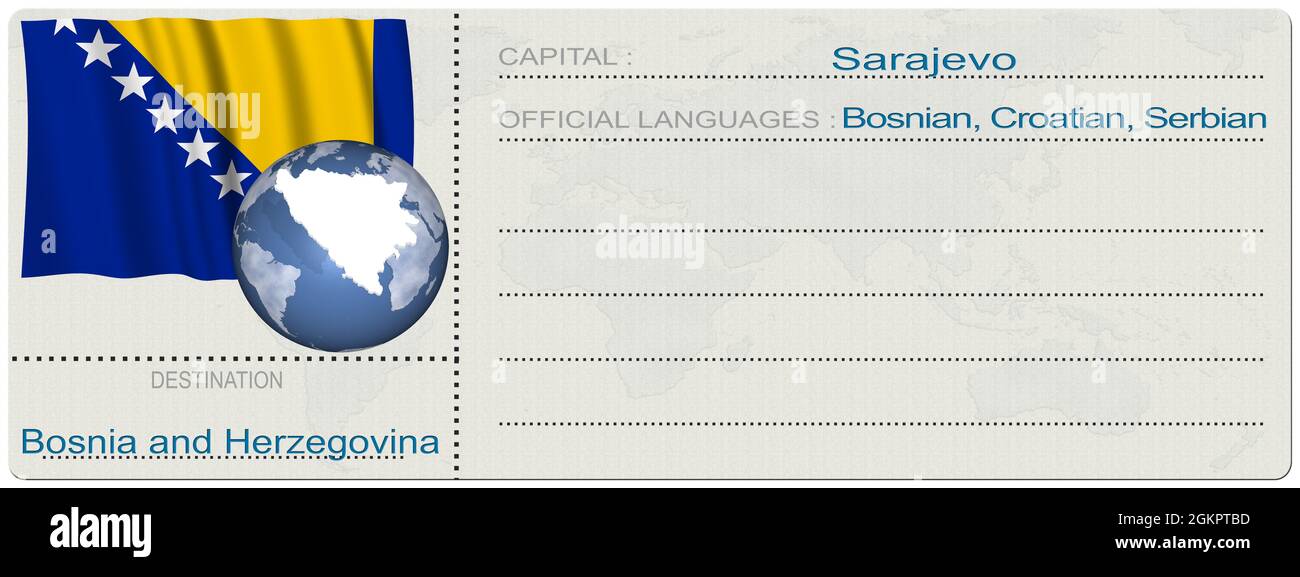 3D illustration. Bosnia and Herzegovina. Destination. Ticket. Boarding