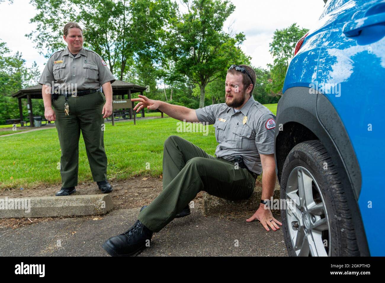 Kyle Toms Playing The Role Of A Disorderly Visitor Pretends To React To Pepper Spray While Karen Osler Park Ranger For The U S Army Corps Of Engineers Pittsburgh District Watches Over Him Kyle Toms Playing The Role Of A Disorderly Visitor Pretends To React To Pepper Spray While Karen Osler Park Ranger For The U S Army Corps Of Engineers Pittsburgh District Watches Over Him