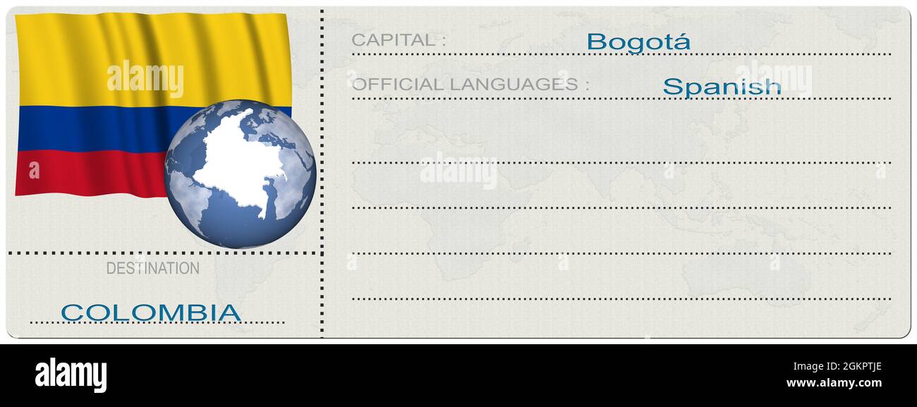 3D illustration. Colombia. Destination. Ticket. Boarding pass. Isolated