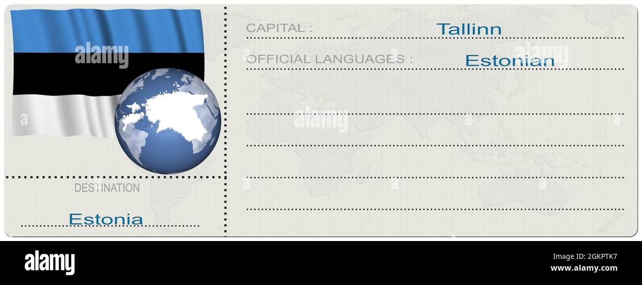 3D illustration. Estonia. Destination. Ticket. Boarding pass. Isolated