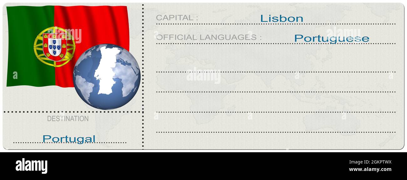 3D illustration. Portugal. Destination. Ticket. Boarding pass. Isolated