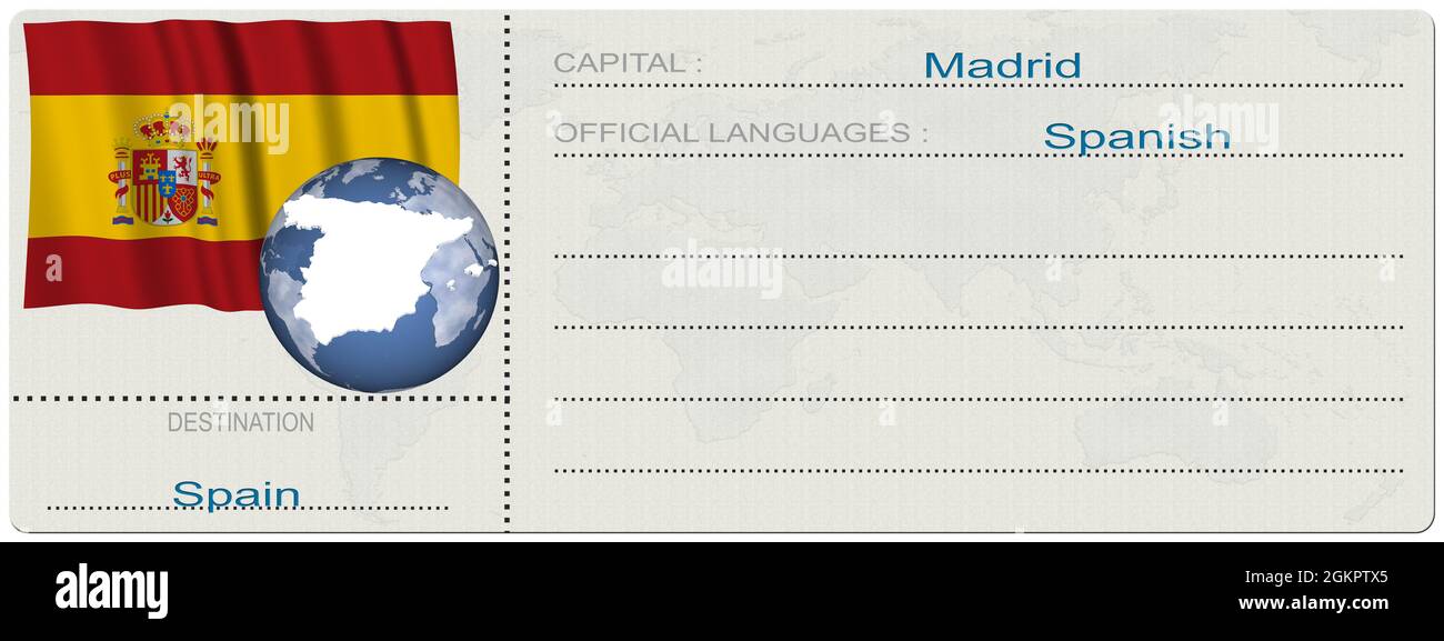 3D illustration. Spain. Destination. Ticket. Boarding pass. Isolated on