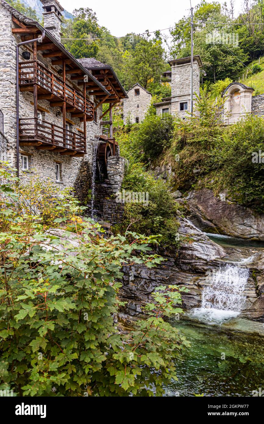 Vergeletto, with its original five mills, is something like the birthplace of the Farina bóna in Circolo d'Onsernone, Switzerland Stock Photo