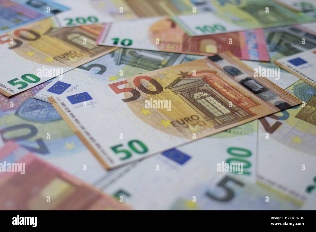 Close up of euro banknotes with the focus on a 50 euro banknote Stock Photo