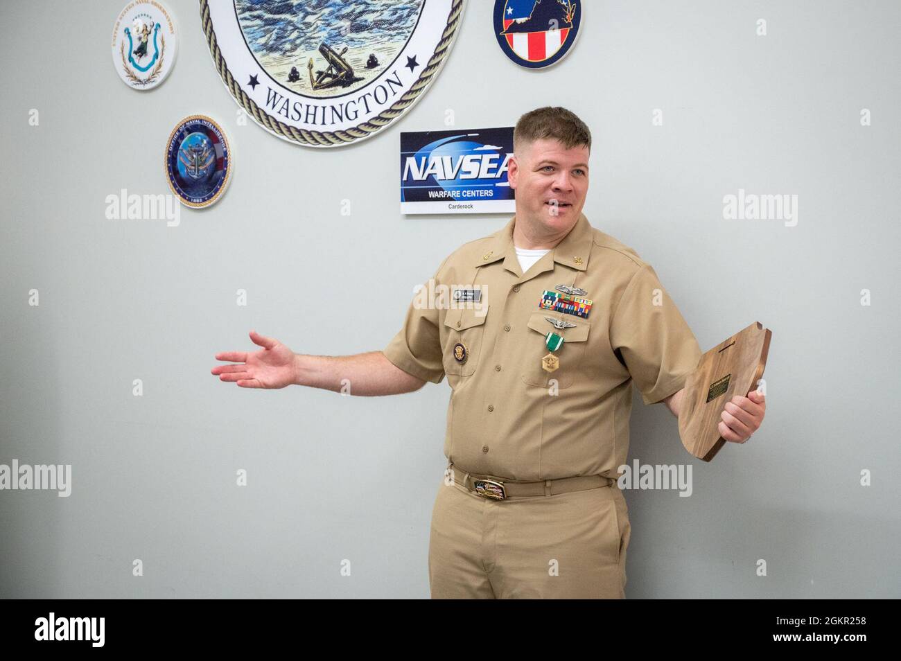 WASHINGTON, DC (June 16, 2021) – Senior Chief Culinary Specialist Korhy Flanary addresses his colleagues and friends during his end-of-tour award ceremony, held onboard Washington Navy Yard. Stock Photo