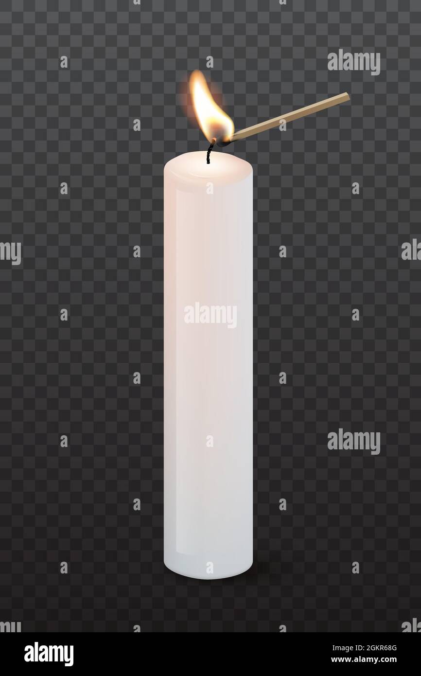 Match stick igniting candle wick, flame fire on candlestick vector