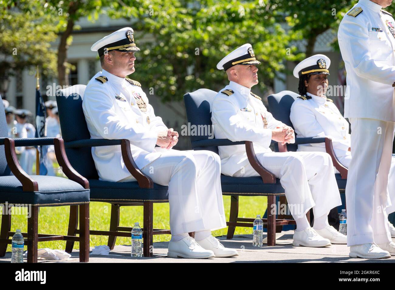 WASHINGTON, DC (June 17, 2021) – The official party listens to remarks during the Naval Support Activity Washington change of command ceremony, held onboard Washington Navy Yard. Stock Photo
