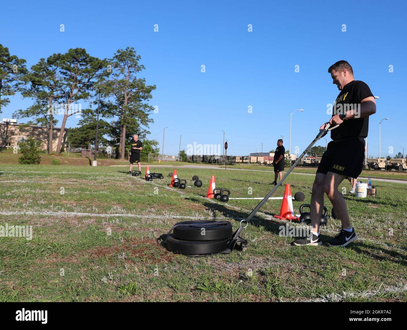 Maj. Mark D. Montgomery, chief of Training for USACAPOC(A) G3, completes the sled drag portion of the 250 meter sprint, drag, carry event during the Army Combat Fitness Test (ACFT) 3.0, June 22, 2021, at Fort Bragg, N.C. The U.S. Army Reserve Soldiers of USACAPOC(A) headquarters conducted a diagnostic ACFT to assess fitness and prepare for the future ACFT. Stock Photo