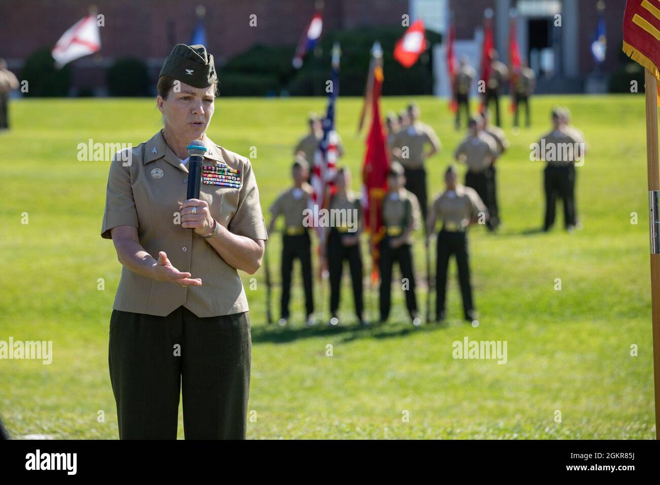 U.S. Marine Corps Col. Lauren S. Edwards, commanding officer of Combat  Logistics Regiment 27, speaks during a change of command ceremony on June  18, 2021, at Camp Lejeune, North Carolina. During the