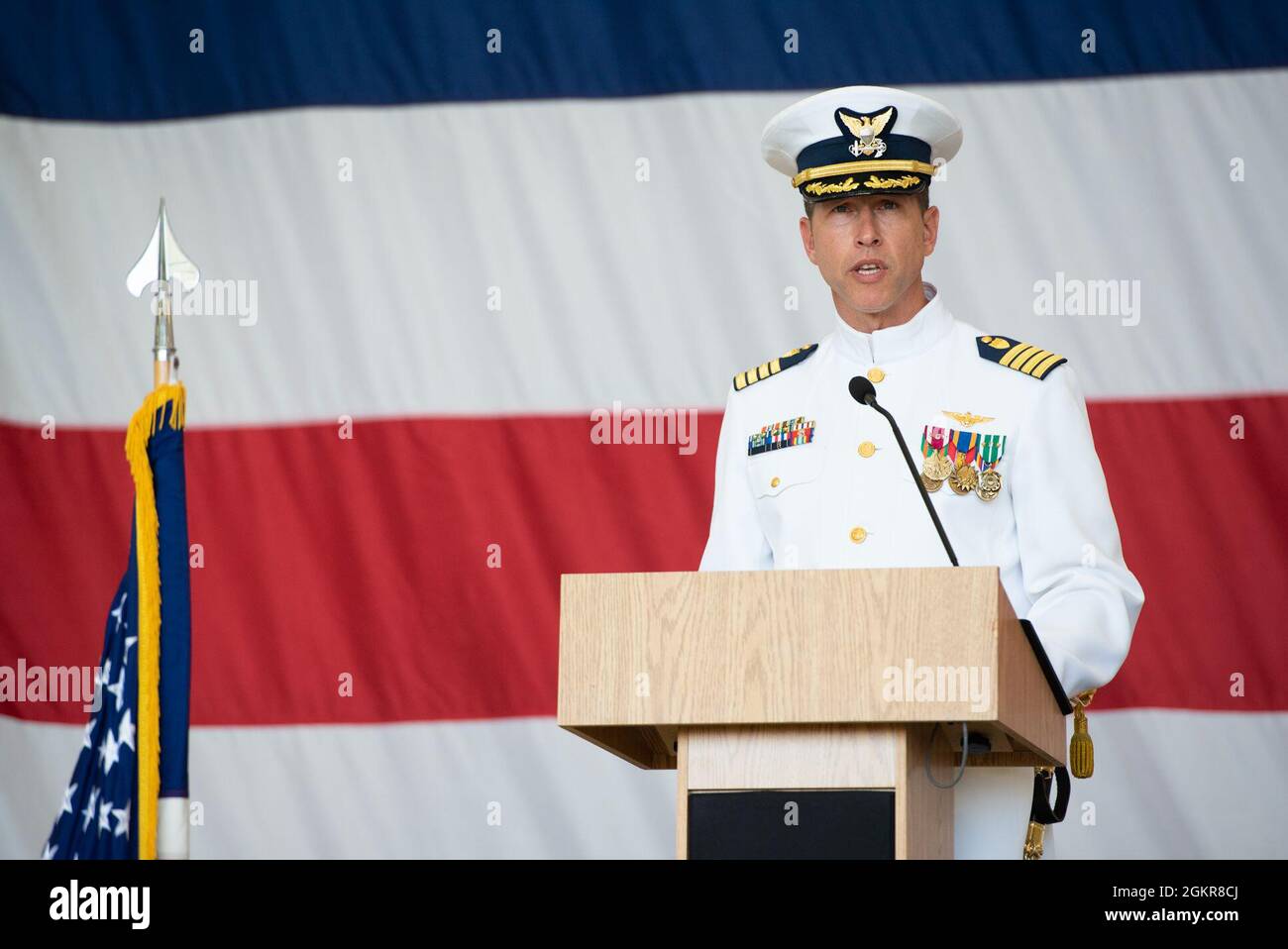 Coast Guard Capt. Hans Govertsen, incoming commanding officer of Sector/Air Station Corpus Christi, addresses the audience at the unit's change-of-command ceremony, June 18, 2021, in Corpus Christi, Texas. During the ceremony, Capt.