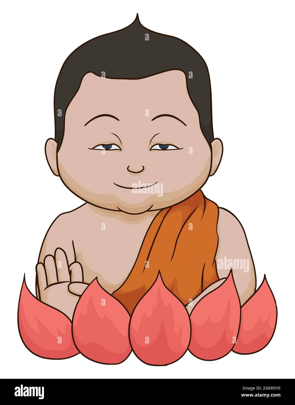 Young Buddha with Mudrakhya gesture in his hand and half-open eyes in cartoon style. Stock Vector